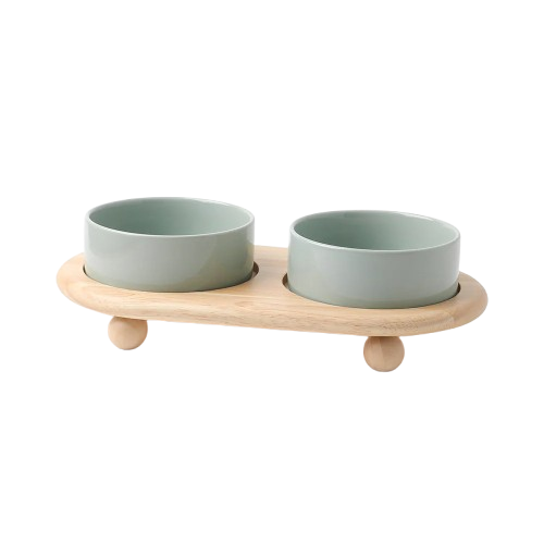 Wood Ball Base Double Food Bowl - 2 Colors