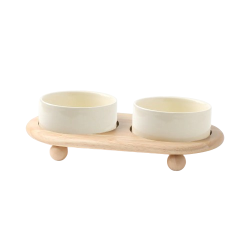 Wood Ball Base Double Food Bowl - 2 Colors