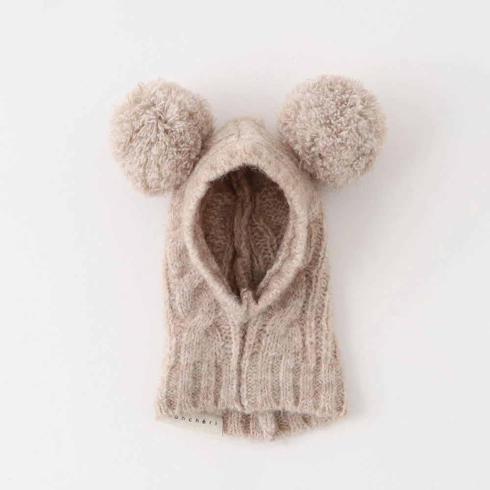 Bear Ear Pom-pom Cable Knit Hat