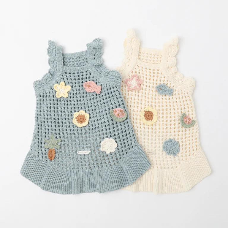 Summer Motif Shoulder Frill Knit Dress - 2 Colors