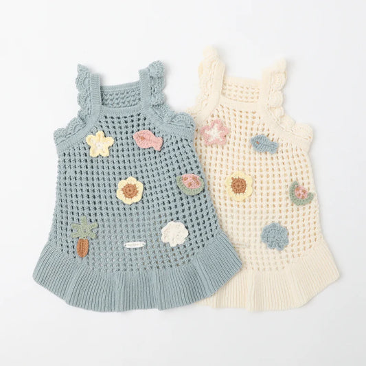 Summer Motif Shoulder Frill Knit Dress - 2 Colors